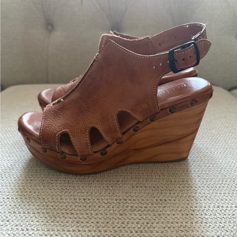 BED|STU Women's Brown Leather Peep-Toe Clog Sandals - Picture 2 of 7